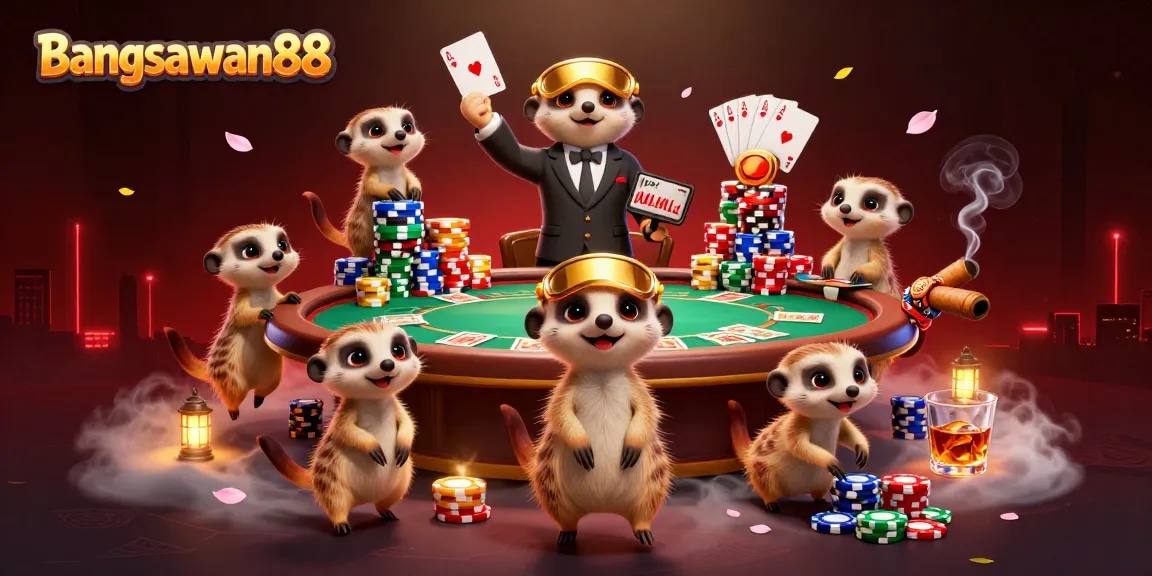 Bangsawan88 offers thrilling poker games with dynamic meerkat dealers in a vibrant casino scene.