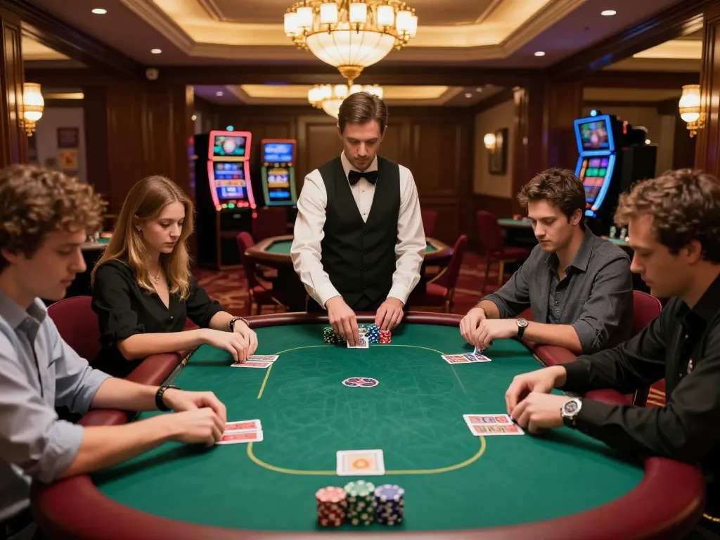 cm88 poker players enjoying an upscale gaming experience at a luxurious casino table.