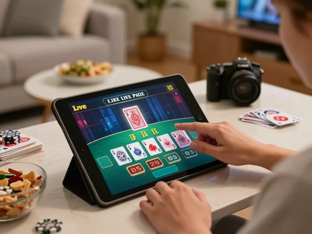 Engaging moment of a player enjoying trang chủ fly88 with live dealer gameplay on tablet in a cozy setting.