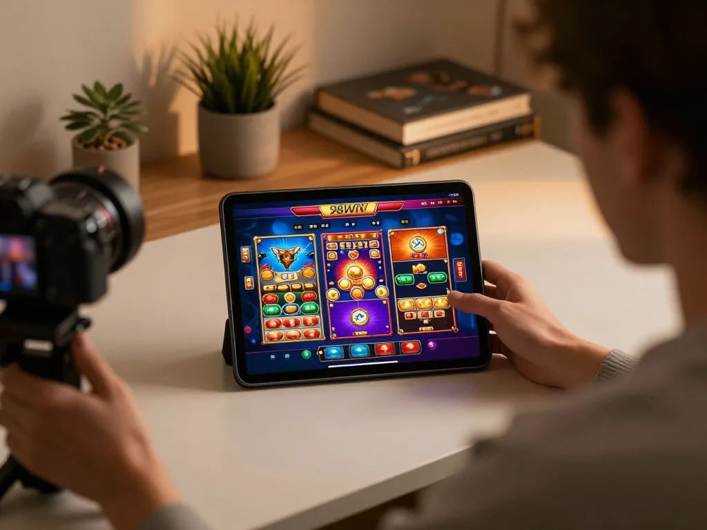 Engaging in online gaming at 98WIN with vibrant tablet interface and cozy atmosphere