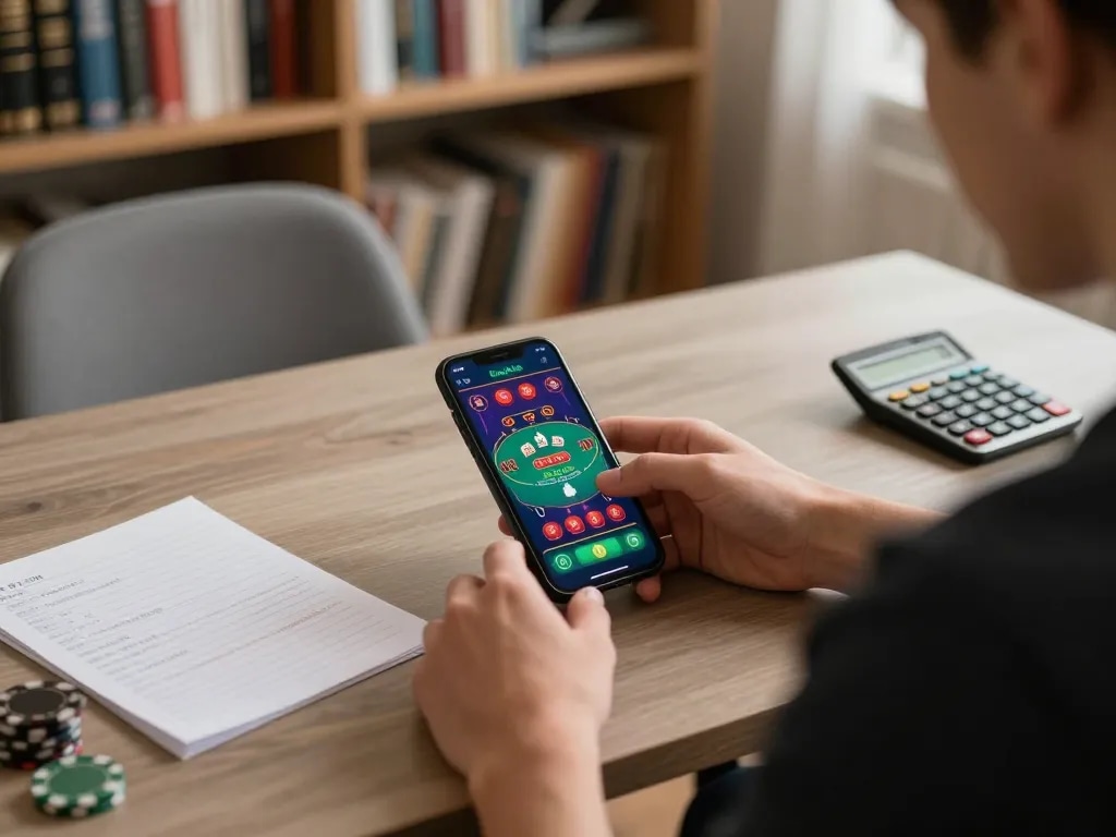 Player using mobile app on smartphone for 88CLUB blackjack strategy calculations in a cozy home setup