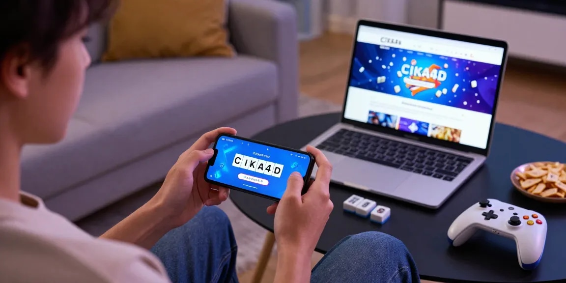 CIKA4D user enjoying Mahjong online on smartphone in cozy living room.