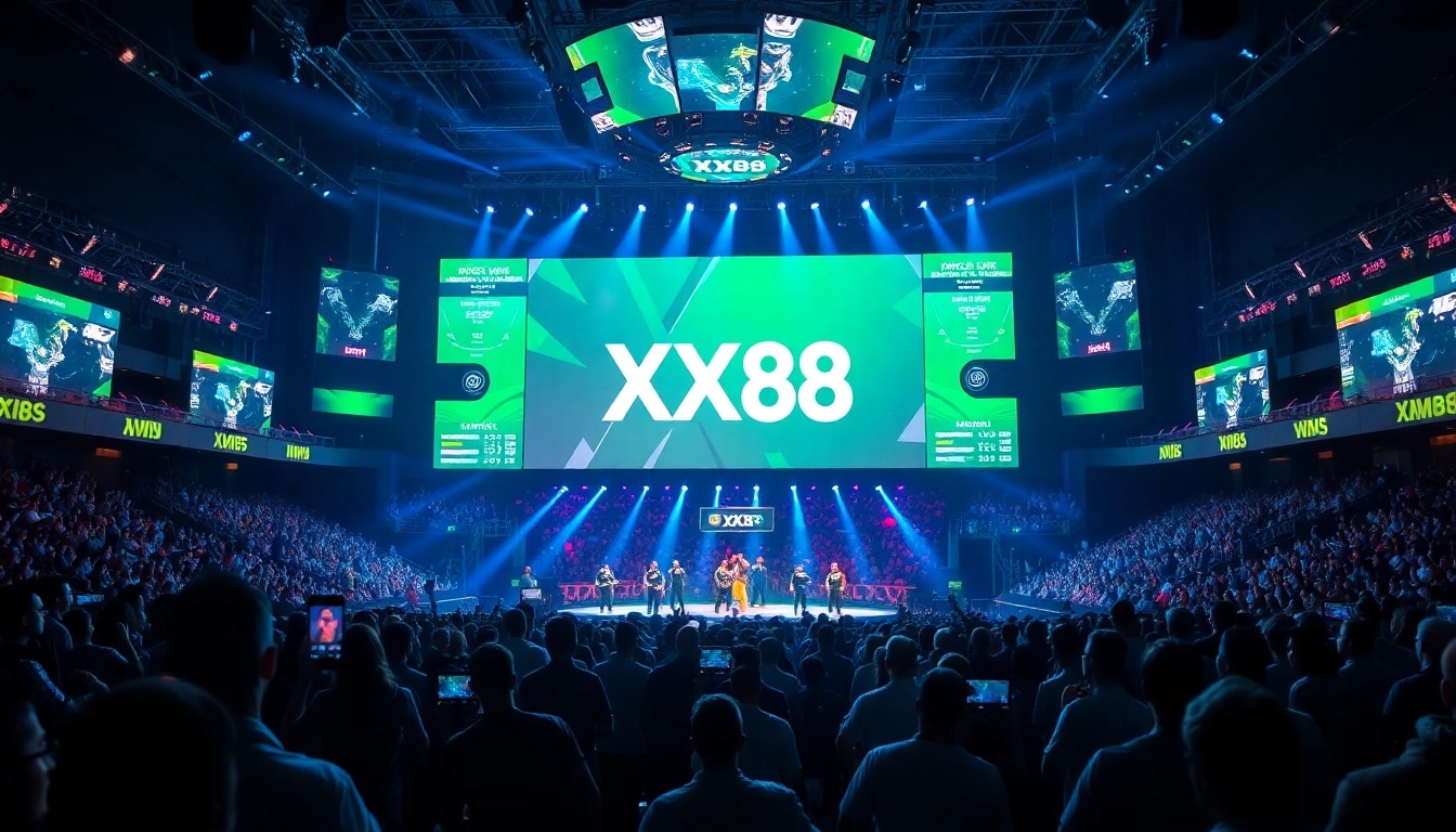 Energetic esports arena showcasing the keyword XX88 with fans and players in action.