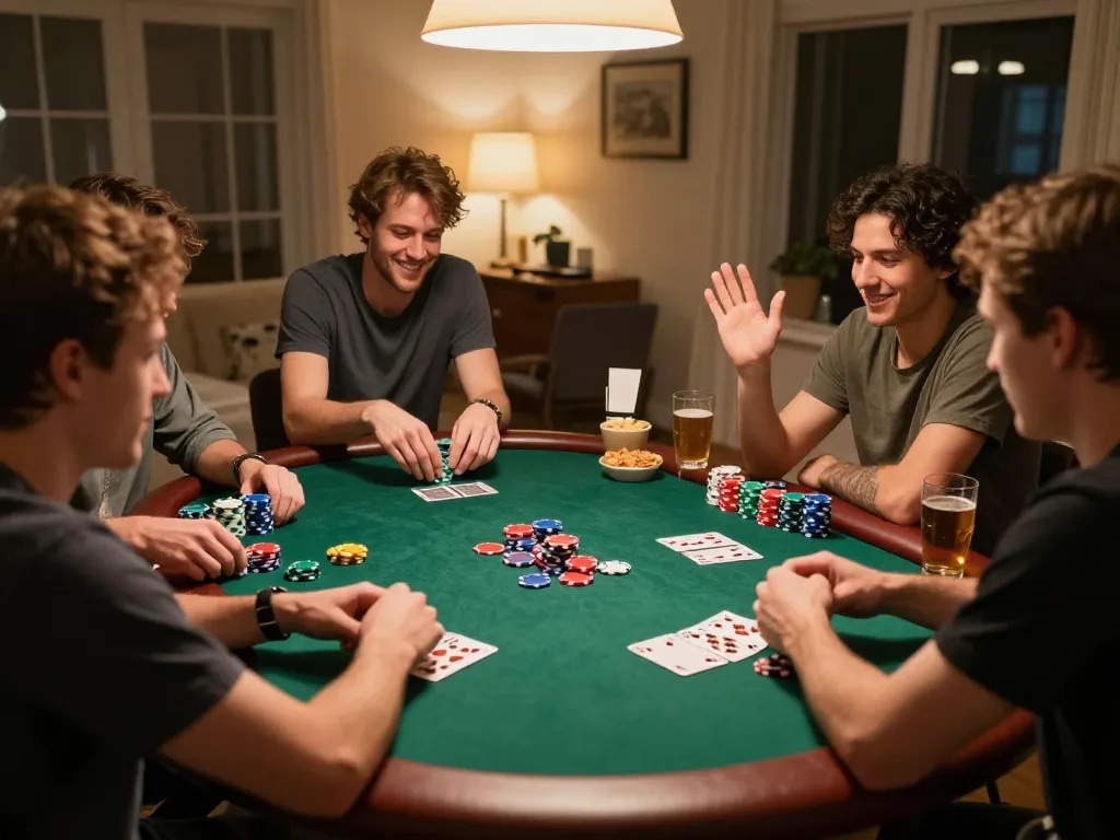 LIGALGO players enjoying an exciting home poker night with colorful chips and cards.