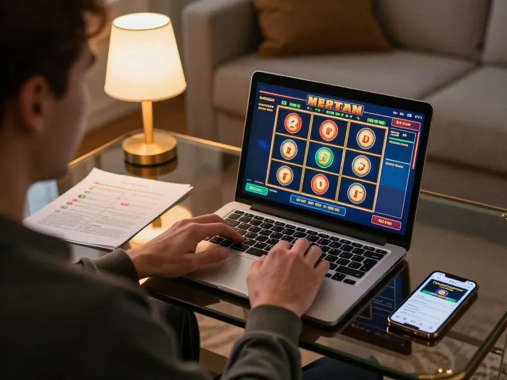 llwin player enjoying online slots in a cozy home setting with strategy notes and smartphone.