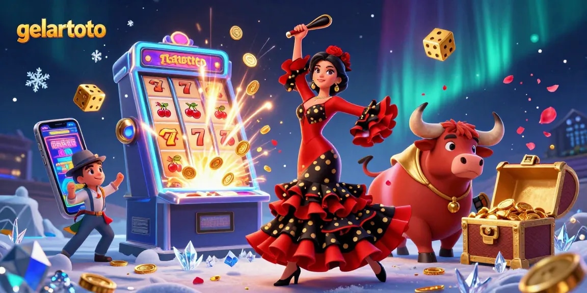 gelartoto features a flamenco dancer and bull with slot machine symbols in a vibrant casino scene
