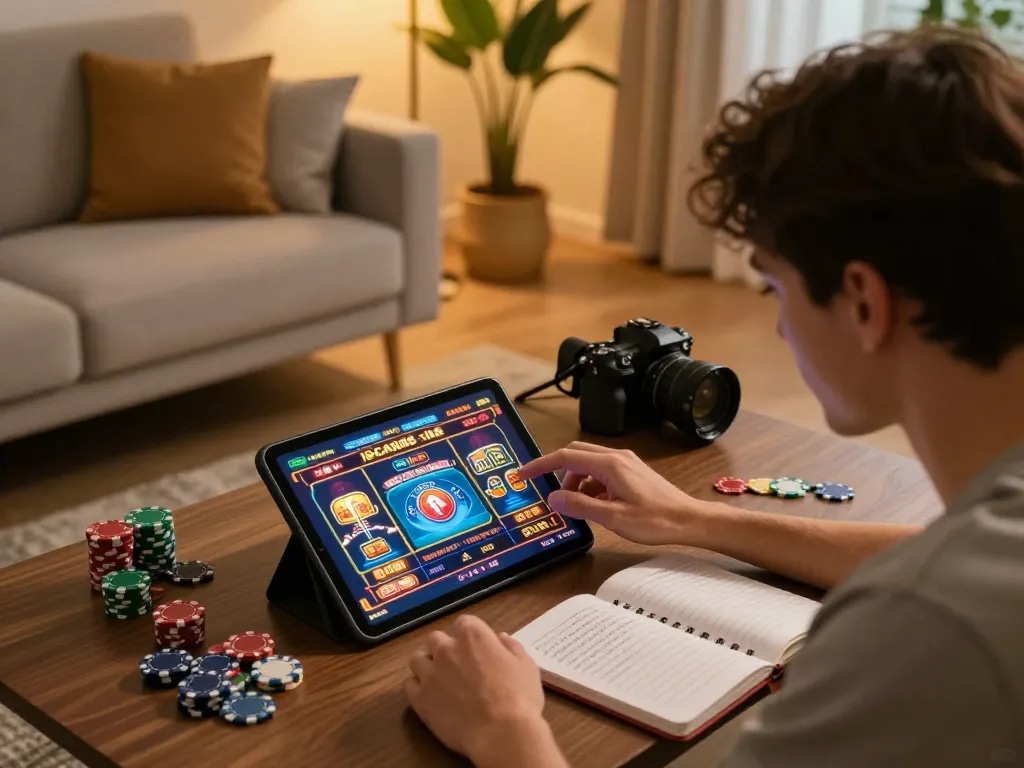 Engaging gameplay on IDCASH88 online slots at a cozy home setup with strategic notes.