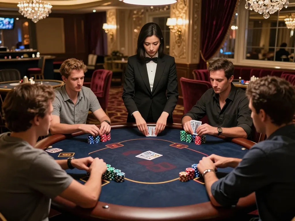 Engaged players enjoying their FLY 88 poker game at a luxurious casino table.