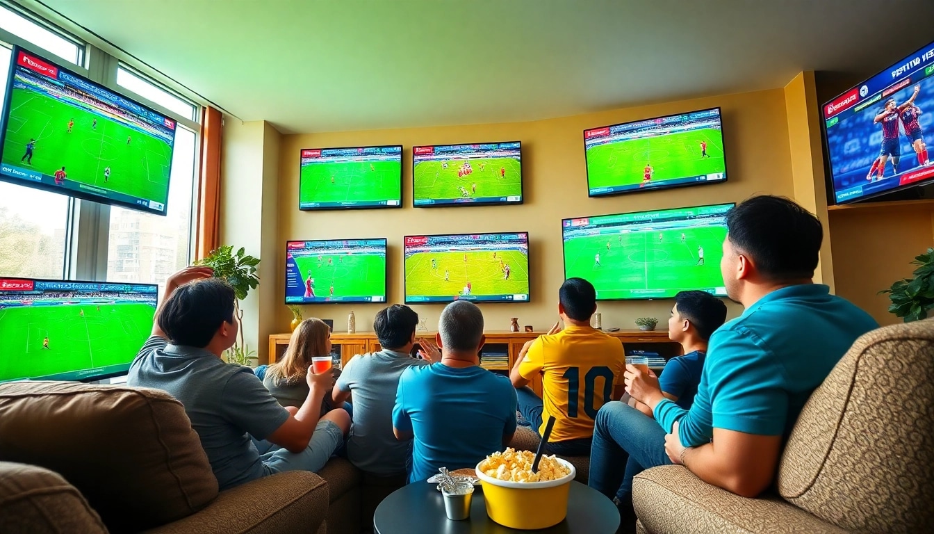 Excited fans enjoying live football matches on screens with https://xoilactv88.net/ prominently featured in a vibrant living room.