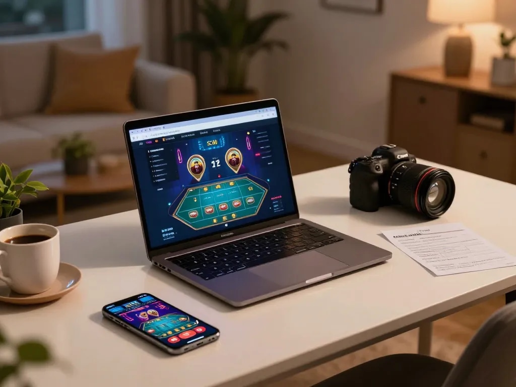 Engaging in online gaming with SC88, showcasing a stylish laptop and strategic notes for better odds.