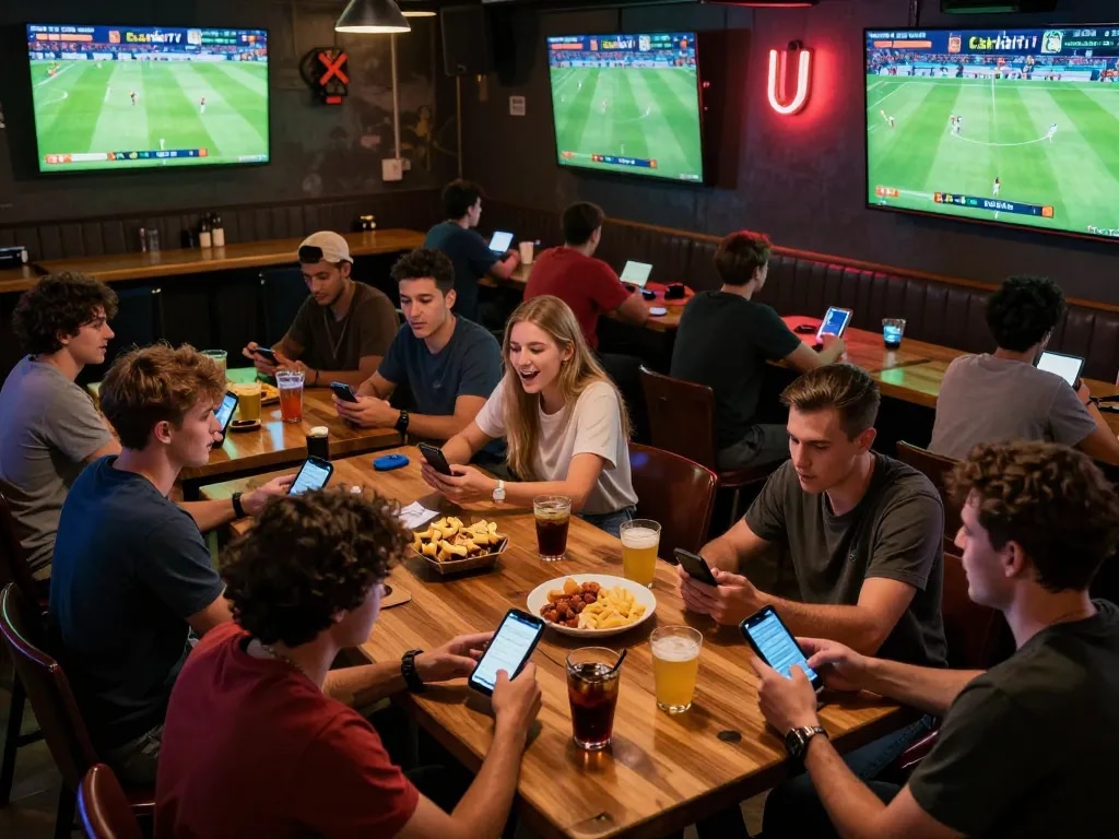 CakhiaTV users enjoying live sports betting action in a lively sports bar.