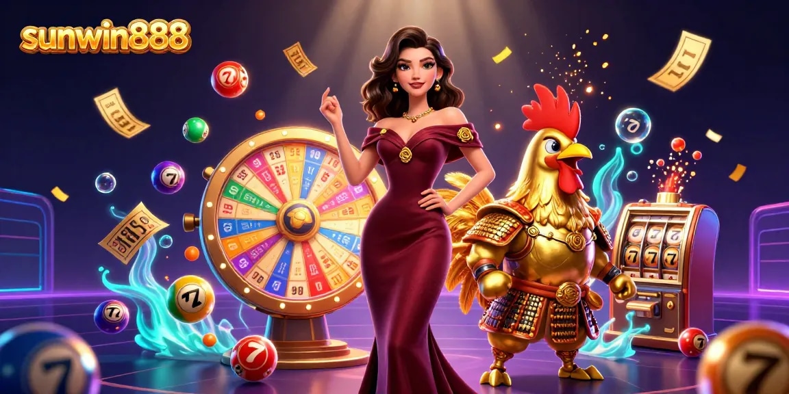 Play vibrant games with sunwin888 featuring a glamorous casino scene filled with lottery excitement.