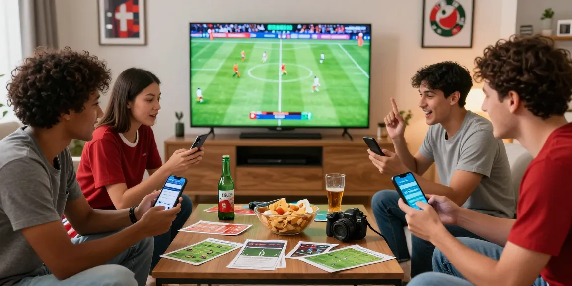 Friends engaging in sports betting analysis while using tempototo login to track live World Cup odds in a vibrant home setting.