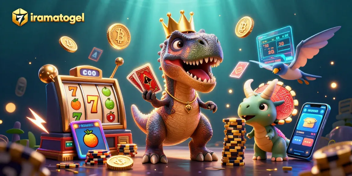 Permainan iramatogel menarik dengan T-Rex, pterodactyl, dan triceratops dalam suasana kasino yang energik.