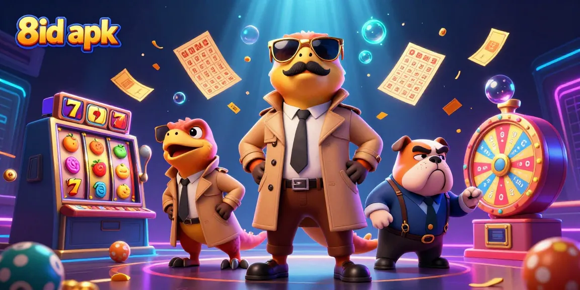 3D raptors in trench coat entering casino with slot elements, showcasing the 8id apk gaming experience.