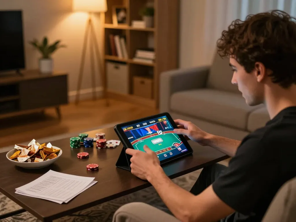 Pemain menang dalam permainan poker online di tablet, mewujudkan sensasi pengalaman spaceman melalui strategi perjudian.