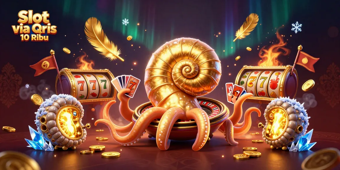 Engage with Slot via Qris 10 Ribu featuring a vibrant nautilus casino scene with cards and gaming elements.