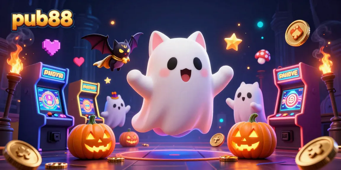 Engage with pub88's thrilling games as a friendly ghost cat and bat explore a haunted casino.