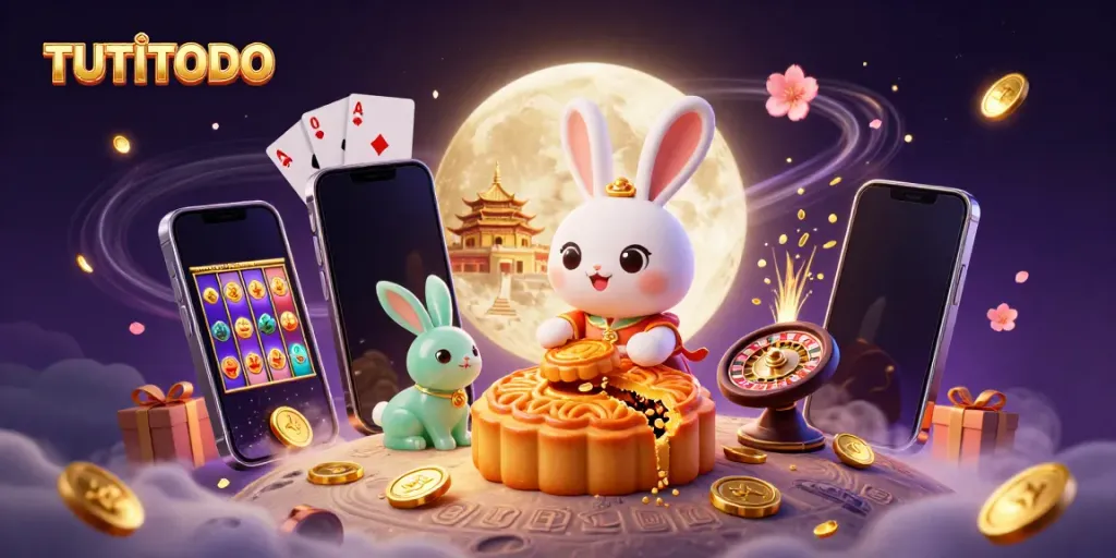Experience TUTITOTO magic as a moon rabbit reveals poker chips in a vibrant 3D casino scene.