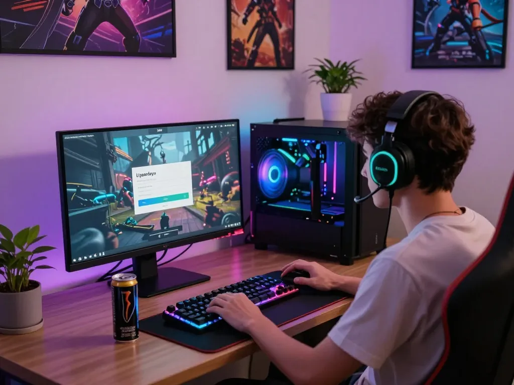 Engaged gamer accessing ligasedayu login on dual-screen setup in vibrant gaming room.