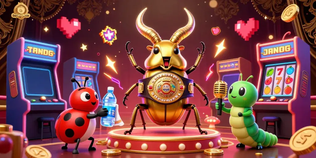 Engage with bujangtoto's vibrant casino scene featuring a golden stag beetle champion among slot reels and exciting arcade elements.