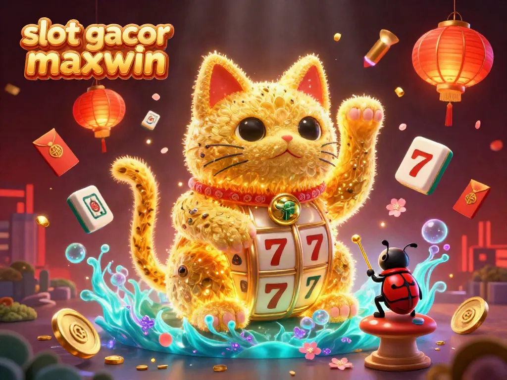 Experience the excitement of slot gacor maxwin with a dazzling scene of golden fireflies forming a lucky cat amidst casino symbols.