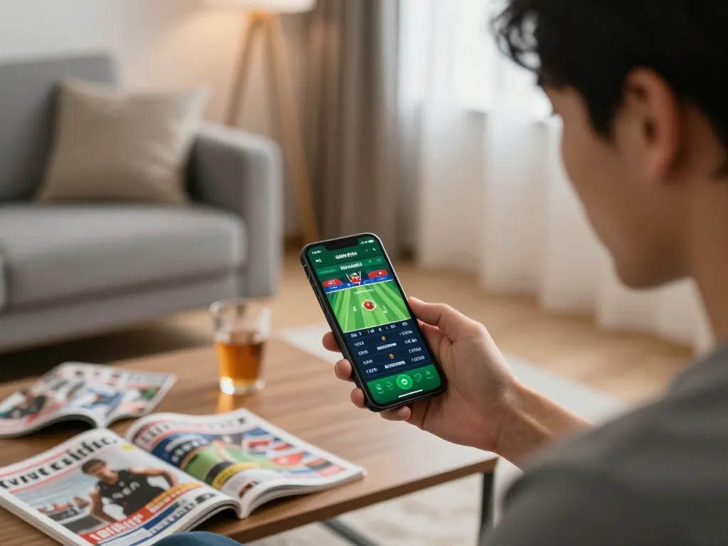 UGDEWA user placing bets on a smartphone during sports betting at home, highlighting strategic gameplay.
