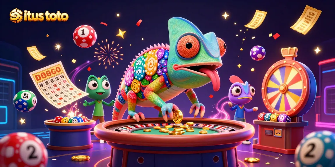 Permainan kasino yang menarik di situs toto dengan karakter chameleon berwarna-warni yang mengawasi meja roulette.