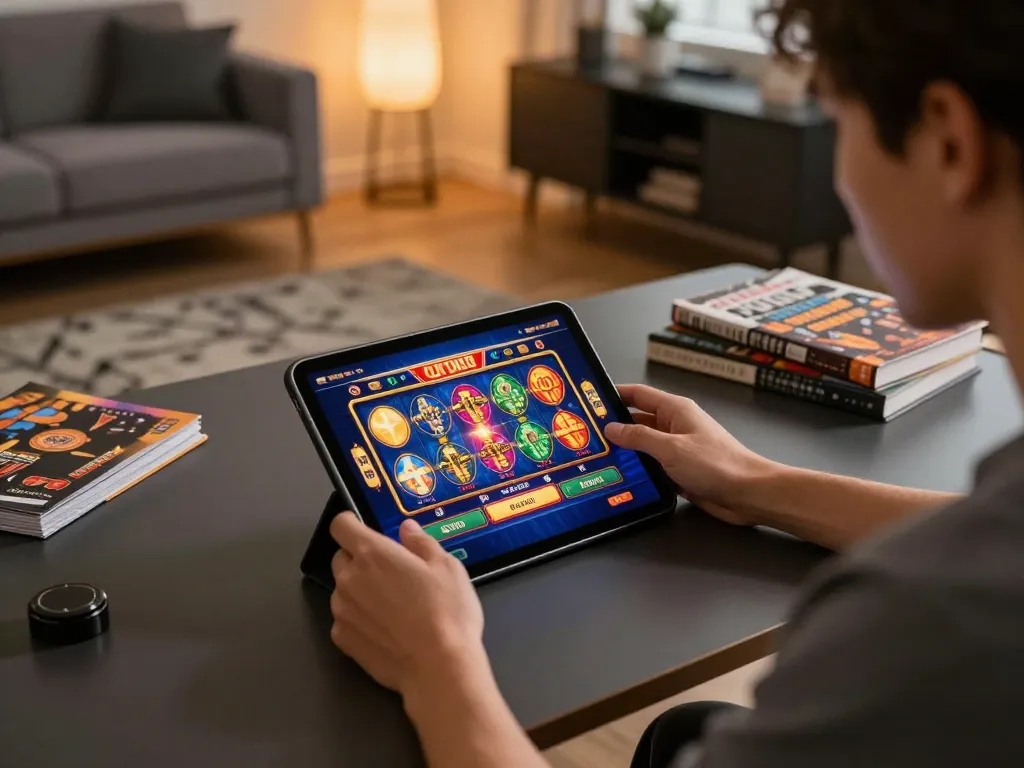 C168 player engaging with online slots on a tablet, showcasing a modern home gaming setup