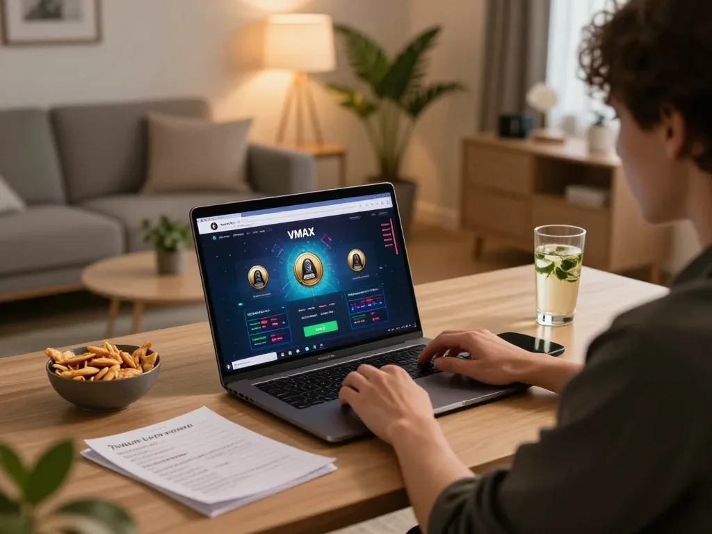 Engaging with the trang chủ vmax online platform in a stylish home setting.