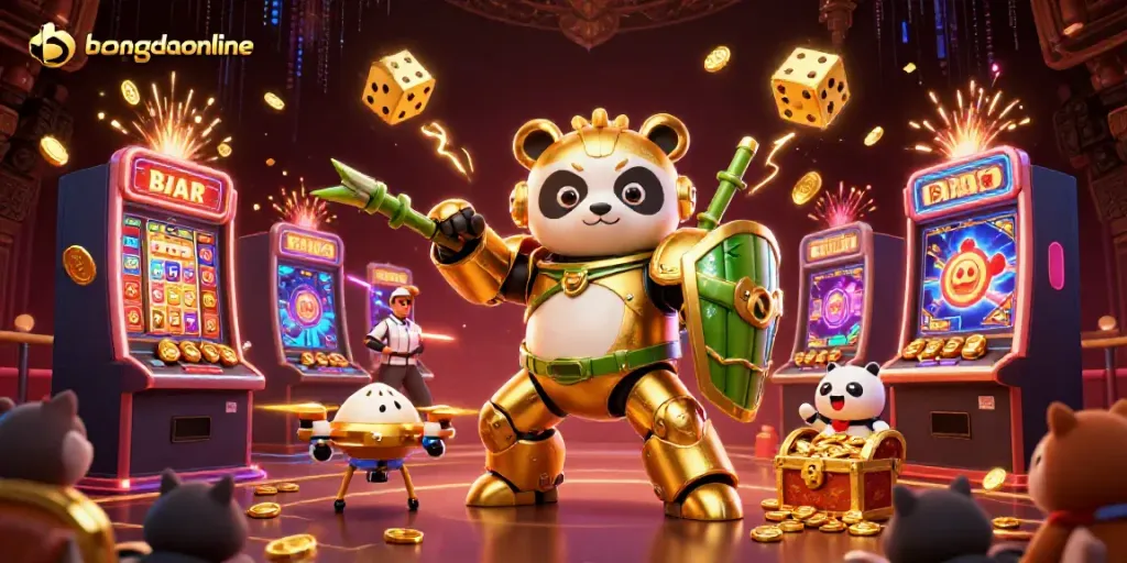 Bongdaonline showcases a thrilling 3D casino scene with an animated golden panda, vibrant slot machines, and immersive casino elements.