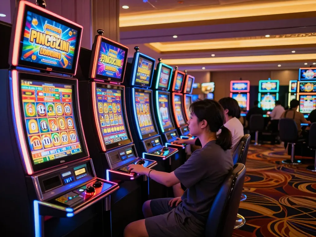 Engaging in exciting gameplay at a vibrant slot depo 5k area, colorful machines illuminate the atmosphere.