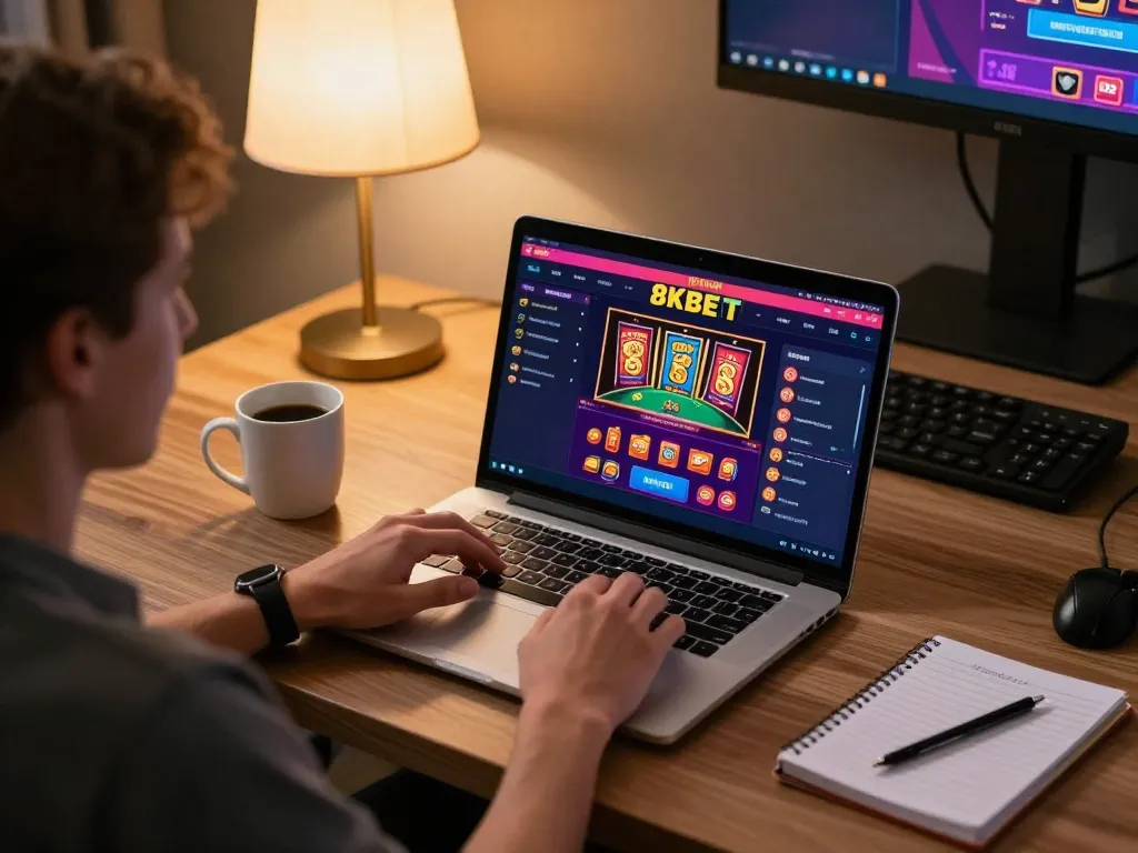 Engaging with 8KBET on a laptop in a cozy home office setting, showcasing online gaming.