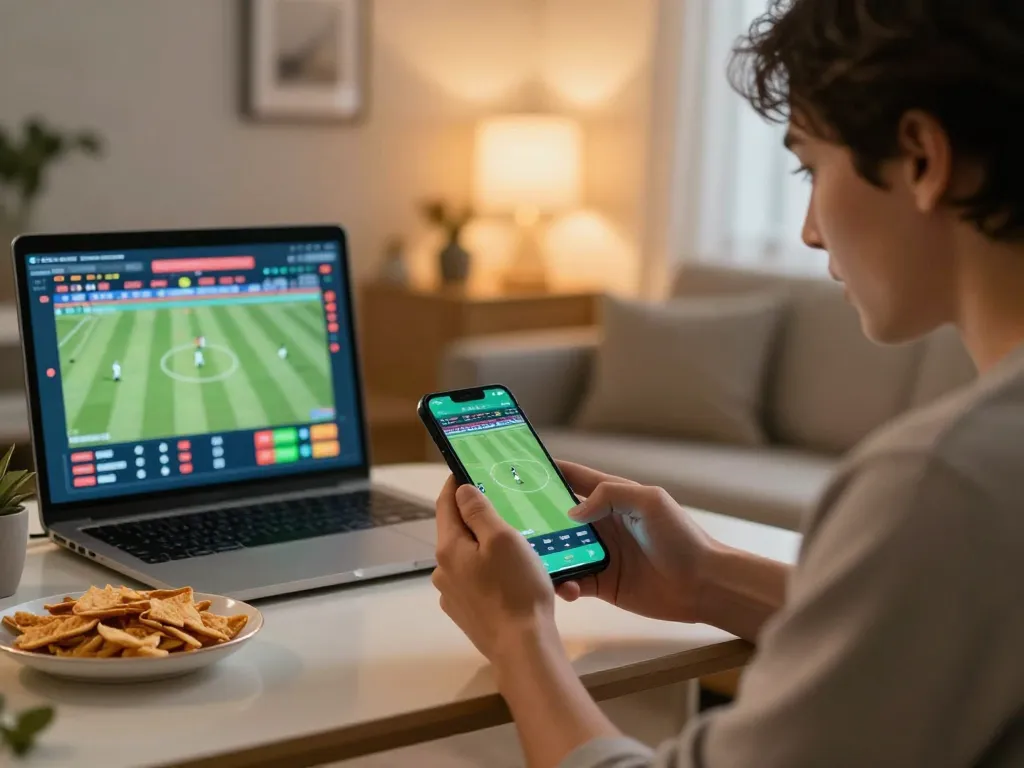 Engaging scene of a sports betting fan using the keonhacai app for live football wagers.