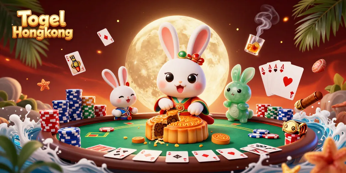 Togel Hongkong illustration featuring a moon rabbit and poker elements on a lunar landscape