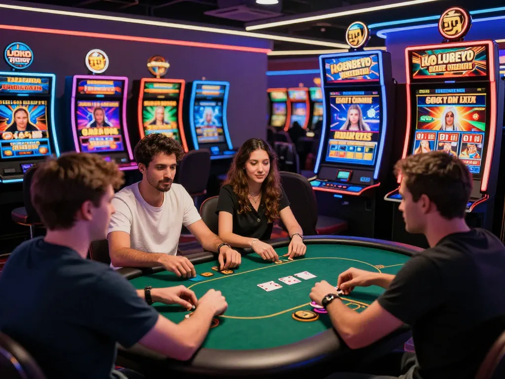 Players enjoying diverse games at Luck8 online casino, vibrant atmosphere showcasing excitement and promotions.