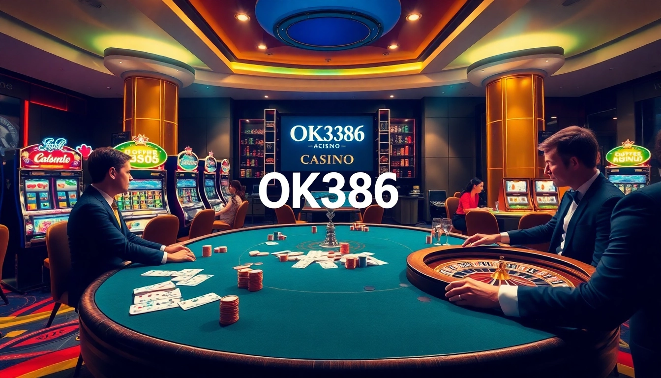 Players enjoying a thrilling poker game at OK8386 casino, surrounded by slot machines and lively atmosphere.