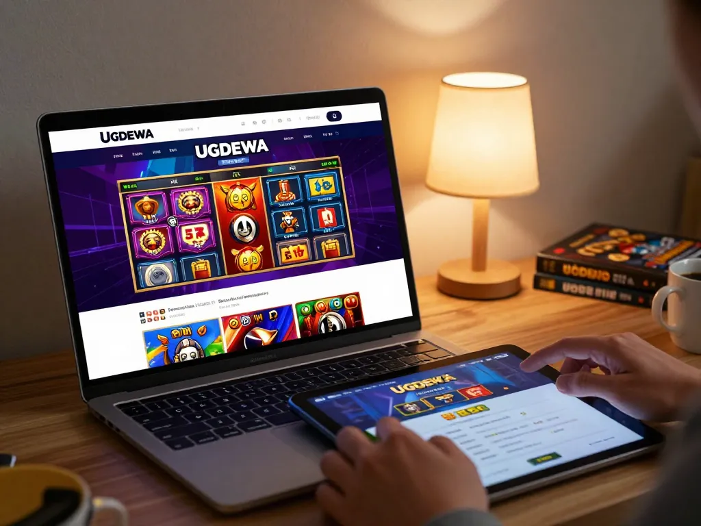Player enjoying UGDEWA online slot games on a cozy home setup with vibrant interfaces displayed