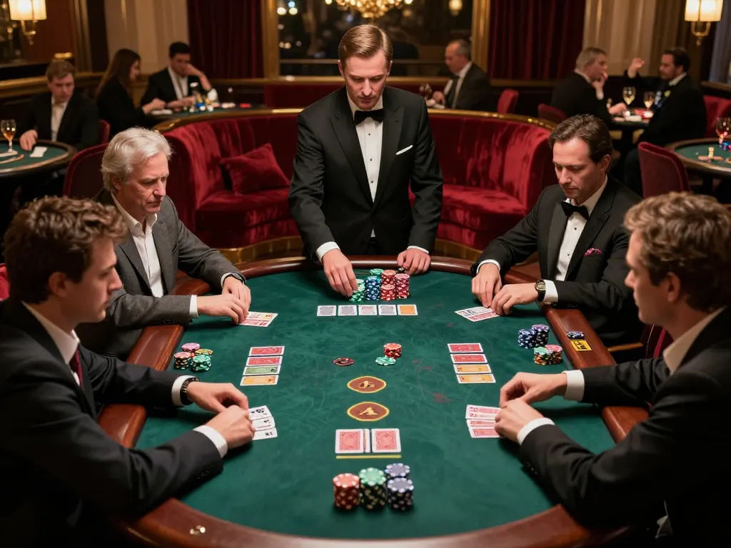 Players strategizing at a blackjack table, showcasing intense gameplay and excitement in a luxurious casino environment with LGOGOAL.