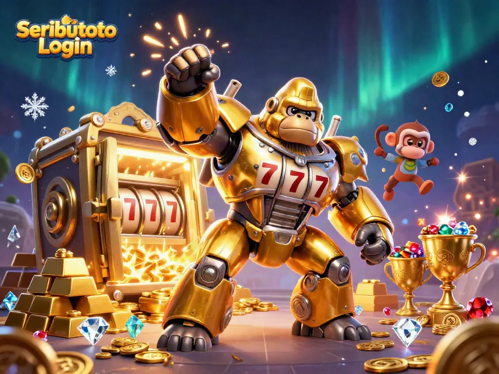 Engage with the exciting Seributoto Login experience featuring a vibrant gorilla mech and treasure elements.