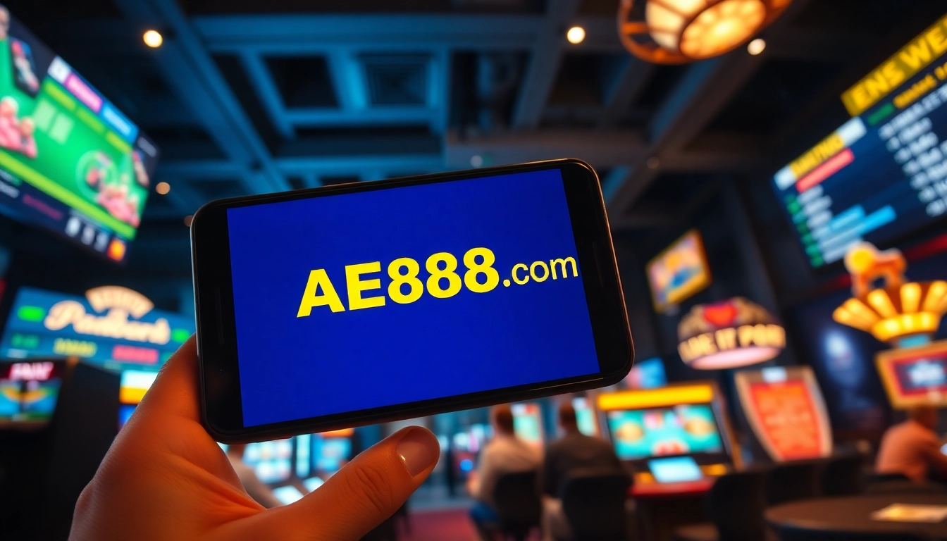 Engaging scene showcasing players enjoying AE888.COM on mobile, highlighting online betting excitement.