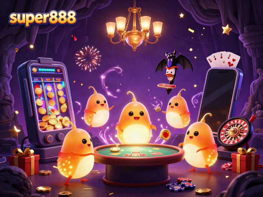 Slot game menarik di super888 dengan warna cerah dan elemen kasino yang menyenangkan.