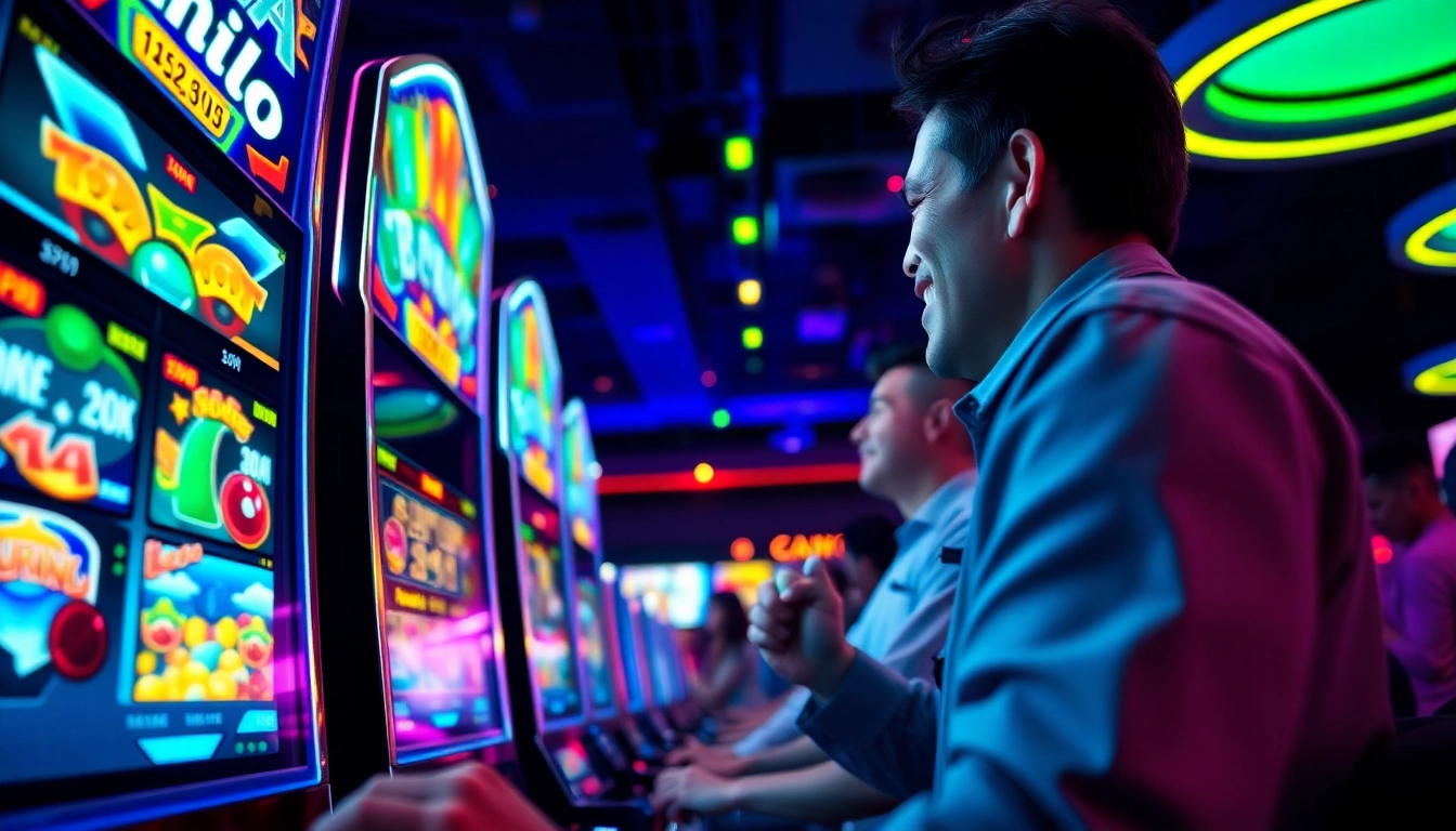 Menang di slot mesin kasino dengan pemain excited di dalam ruangan yang penuh warna.