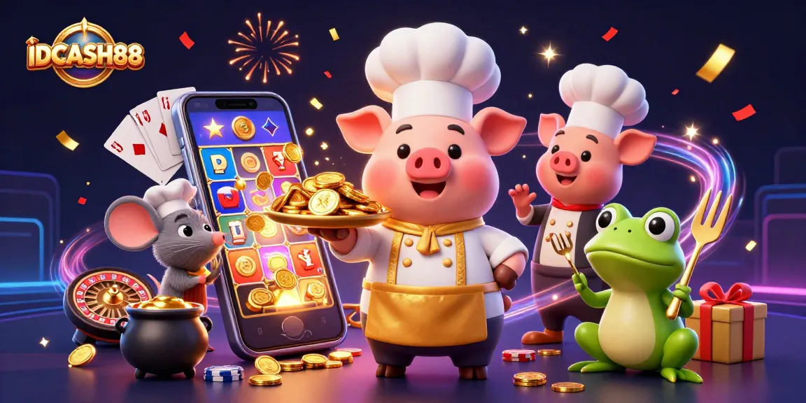 Experience thrilling gameplay with IDCASH88 as a chef pig serves gold coins amidst exciting casino elements.