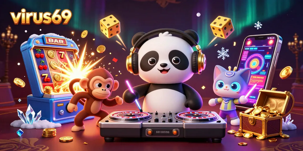 Win big with virus69 as DJ panda, monkey, and kitten create a vibrant casino atmosphere.