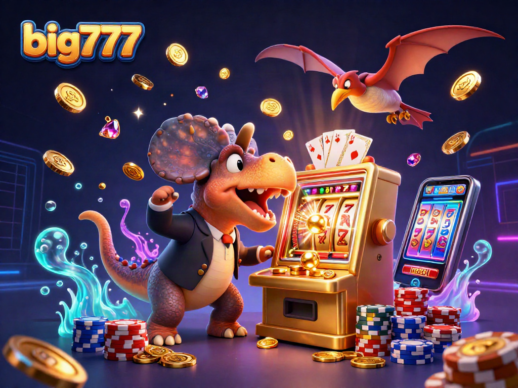 big777 menghasilkan jackpot dari mesin slot dalam ilustrasi kasino dengan dinosaurus.