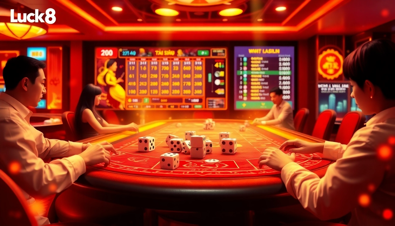 Luck8 Tài Xỉu gaming table with players engaged in high-stakes bets and dynamic visuals.