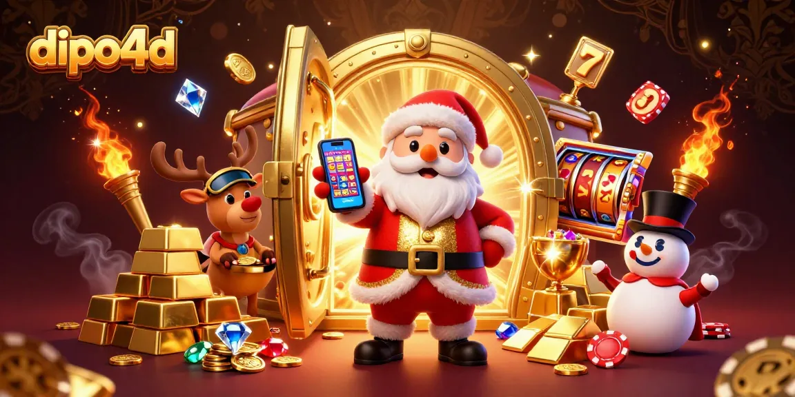 Spin jackpots with dipo4d alongside playful Santa, his reindeer dealer, and poker chip snowman in a rich casino scene.