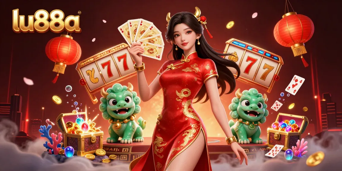 Win big with lu88a as the elegant woman showcases golden playing cards amidst a vibrant casino scene.