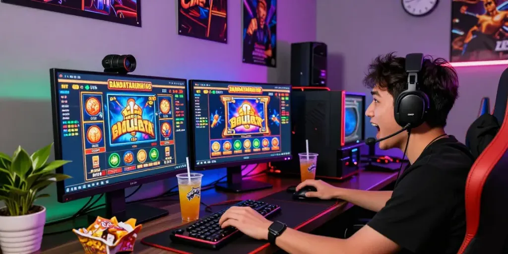 Penggila slot gacor di BANDARTARUHAN168 menikmati permainan dengan antusiasme, menampilkan layar penuh warna dan suasana gaming yang energik.